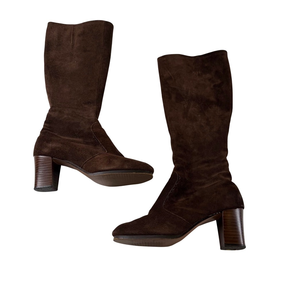 Grasshoppers Brown Suede Mid Calf Boots Womens Size 7 Block Heel Vintage